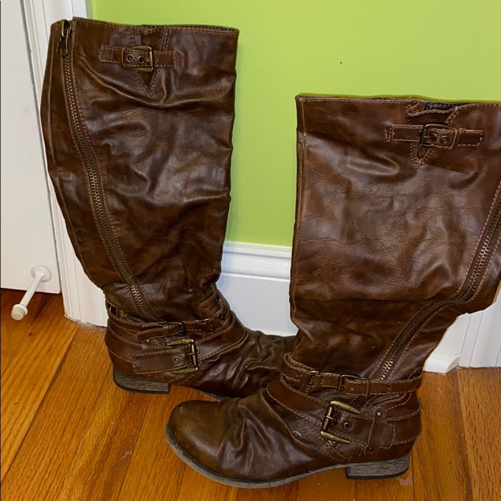 Brown leather knee high boots